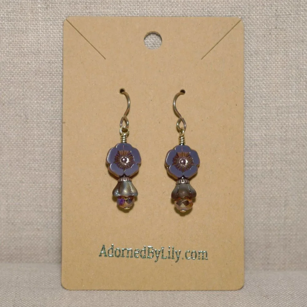 Hand Crafted Handmade Earrings Czech Glass Plum Flower Hibiscus Earrings - Picture 2 of 4